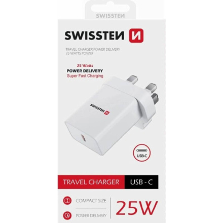 SWISSTEN SÍŤOVÝ ADAPTÉR PD 25W PRO IPHONE A SAMSUNG pro UK zásuvku BÍLÝ, 22045400