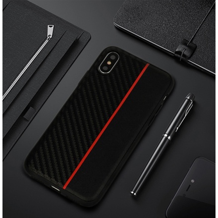 Pouzdro MOTO CARBON Case Samsung Galaxy A5 A530 2018 / A8 2018 Černá s červeným pruhem 55346