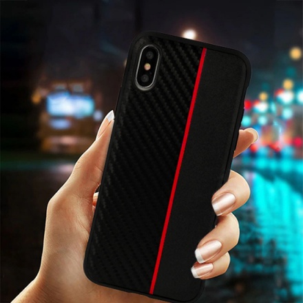 Pouzdro MOTO CARBON Case Samsung J600 samsung Galaxy J6 2018 Černá s červeným pruhem 55362