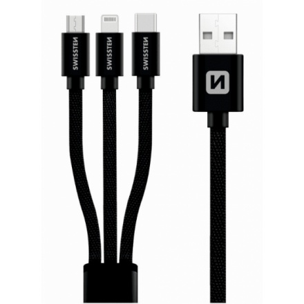 SWISSTEN kabel USB 3v1 microUSB USB-C Lightning MFI 1,2m černá, 72501101