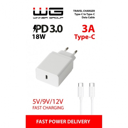 Síťová nabíječka WINNER 1xUSB-C PD 18W/5V-9V-12V -Type-C cable (Bílá) 8591194093135