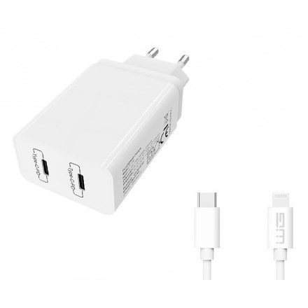 Nabíječka do sítě WG 2x USB-C PD 40W, 6A + Lightning kabel 1m - bílá, 8591194099601