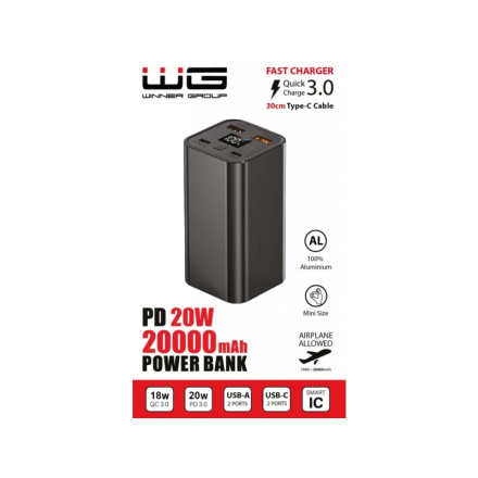 Powerbank 20000 mAh + PD Type C 18W + QC 3.0 22.5W (Černá) , 12170