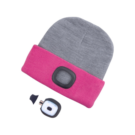 čepice s čelovkou 4x45lm, USB nabíjení, světle šedá/růžová, oboustranná, univerzální velikost, 73% acryl a 27% polyester 43197