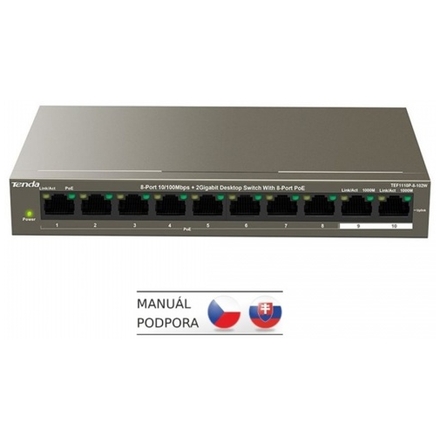 Tenda TEF1110P-8-102W PoE AT switch - 8x PoE 100 Mb/s + 2x Uplink 1 Gb/s, PoE max 102W, fanless,PoE+, 75011817