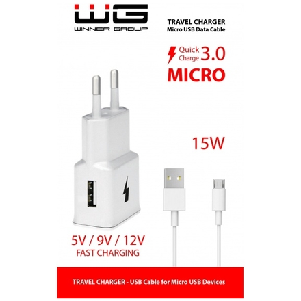 Winner 15W/2A síťová nabíječka Fast 1xUSB + kabel Micro USB bílá 4792