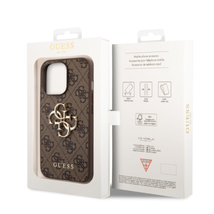 Guess PU 4G Metal Logo Zadní Kryt pro iPhone 14 Pro Brown, GUHCP14L4GMGBR