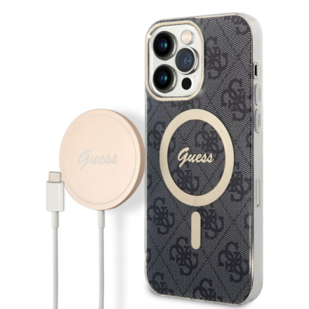 Guess 4G MagSafe Kompatibilní Zadní Kryt + Bezdrátová Nabíječka pro iPhone 14 Pro Max Black, BUGUHMP14XH4EACSK