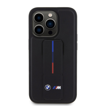 BMW M Collection PU Grip Stand Tricolor Line Zadní Kryt pro iPhone 15 Pro Max Black, BMHCP15X22GSLK