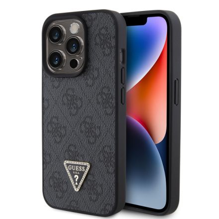 Guess PU 4G Strass Triangle Metal Logo Zadní Kryt pro iPhone 15 Pro Black, GUHCP15LP4TDPK