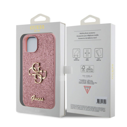 Guess PU Fixed Glitter 4G Metal Logo Zadní Kryt pro iPhone 15 Pink, GUHCP15SHG4SGP