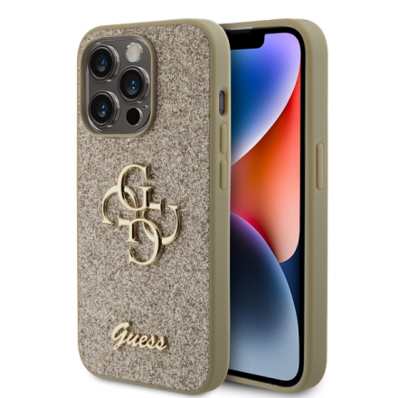 Guess PU Fixed Glitter 4G Metal Logo Zadní Kryt pro iPhone 15 Pro Gold, GUHCP15LHG4SGD