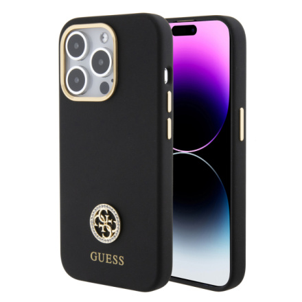 Guess Liquid Silicone 4G Strass Metal Logo Zadní Kryt pro iPhone 15 Pro Black, GUHCP15LM4DGPK