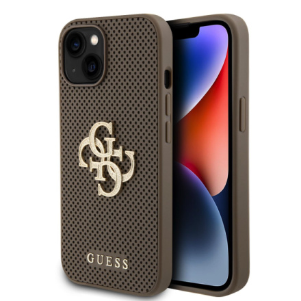 Guess PU Perforated 4G Glitter Metal Logo Zadní Kryt pro iPhone 15 Taupe, GUHCP15SPSP4LGE