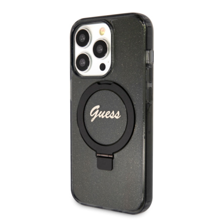 Guess IML Ring Stand Glitter MagSafe Zadní Kryt pro iPhone 15 Pro Black, GUHMP15LHRSGSK