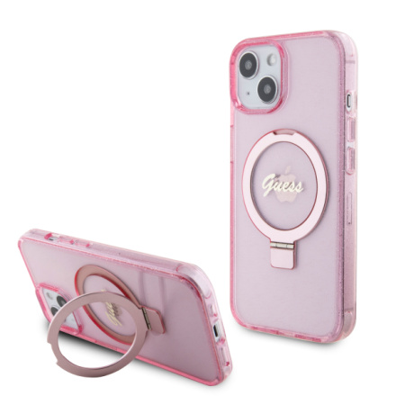 Guess IML Ring Stand Glitter MagSafe Zadní Kryt pro iPhone 15 Pink, GUHMP15SHRSGSP
