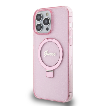 Guess IML Ring Stand Glitter MagSafe Zadní Kryt pro iPhone 15 Pro Pink, GUHMP15LHRSGSP