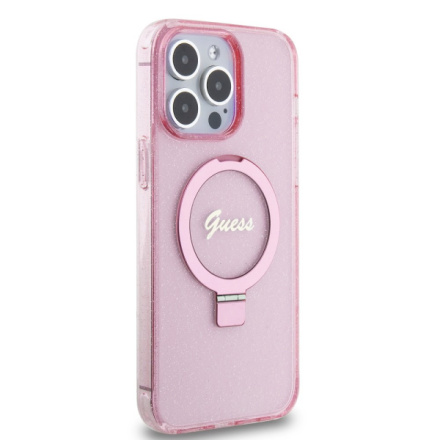 Guess IML Ring Stand Glitter MagSafe Zadní Kryt pro iPhone 15 Pro Max Pink, GUHMP15XHRSGSP