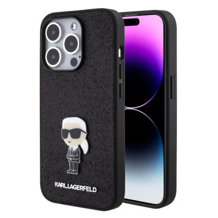 Karl Lagerfeld Fixed Glitter Metal Ikonik Zadní Kryt pro iPhone 15 Pro Black, KLHCP15LGKNPSK