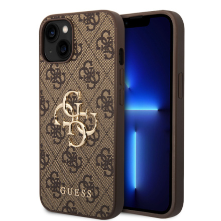 Guess PU 4G Metal Logo Zadní Kryt pro iPhone 15 Brown, GUHCP15S4GMGBR