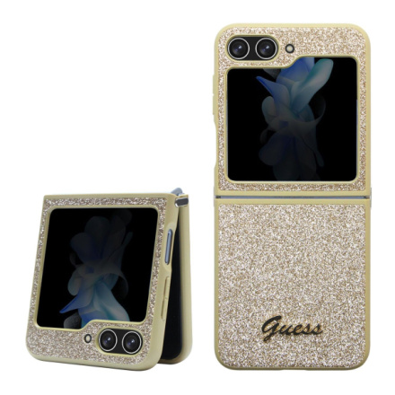 Guess PC/TPU Glitter Flakes Metal Logo Zadní Kryt pro Samsung Galaxy Z Flip 5 Gold, GUHCZF5HGGSHD