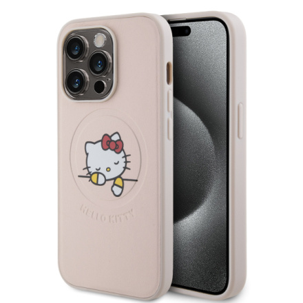 Hello Kitty PU Kitty Asleep Logo MagSafe Zadní Kryt pro iPhone 15 Pro Pink, HKHMP15LPMHSKP