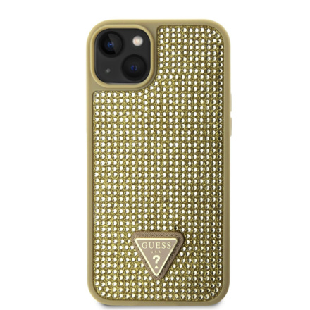 Guess Rhinestones Triangle Metal Logo Kryt pro iPhone 15 Gold, GUHCP15SHDGTPD