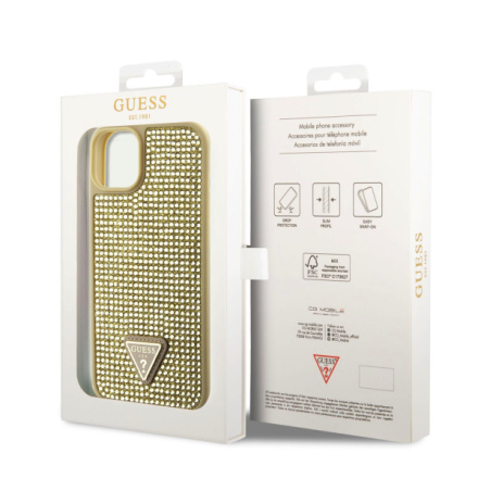 Guess Rhinestones Triangle Metal Logo Kryt pro iPhone 15 Gold, GUHCP15SHDGTPD