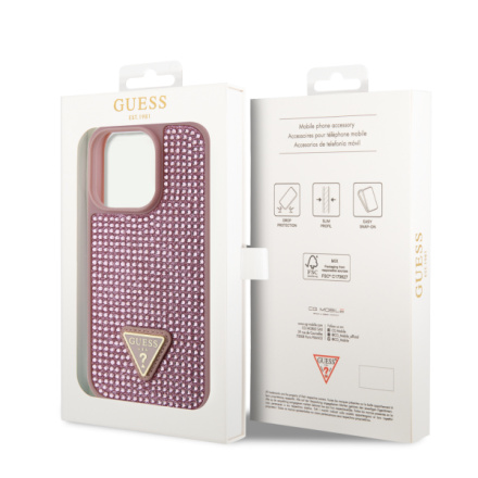 Guess Rhinestones Triangle Metal Logo Kryt pro iPhone 15 Pro Pink, GUHCP15LHDGTPP