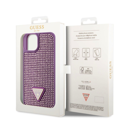 Guess Rhinestones Triangle Metal Logo Kryt pro iPhone 15 Purple, GUHCP15SHDGTPU