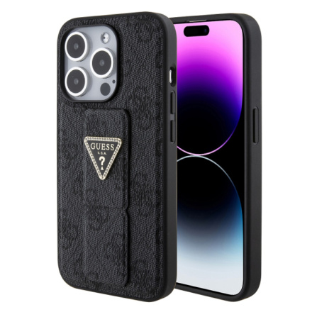 Guess PU Grip Stand 4G Strass Triangle Metal Logo Zadní Kryt pro iPhone 15 Pro Black, GUHCP15LPGS4TDK