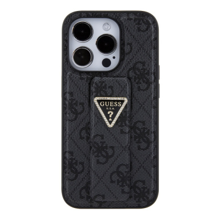 Guess PU Grip Stand 4G Strass Triangle Metal Logo Zadní Kryt pro iPhone 15 Pro Black, GUHCP15LPGS4TDK