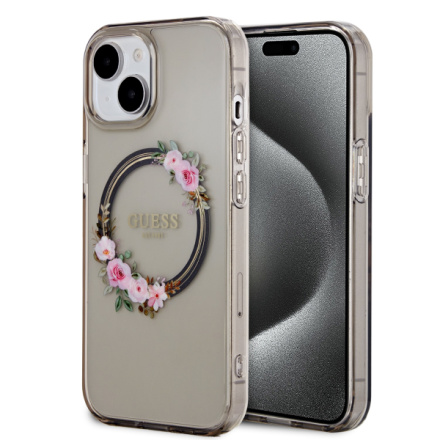 Guess PC/TPU Flowers Ring Glossy Logo MagSafe Zadní Kryt pro iPhone 15 Black , GUHMP15SHFWFCK