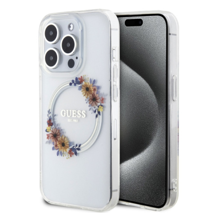 Guess PC/TPU Flowers Ring Glossy Logo MagSafe Zadní Kryt pro iPhone 15 Pro Max Transparent, GUHMP15XHFWFCT