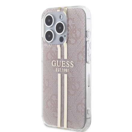 Guess IML 4G Gold Stripe Zadní Kryt pro iPhone 15 Pro Pink, GUHCP15LH4PSEGP