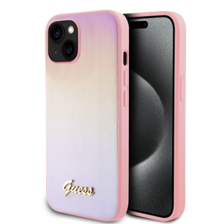 Guess PU Leather Iridescent Metal Script Zadní Kryt pro iPhone 15 Pink, GUHCP15SPSAIRSP