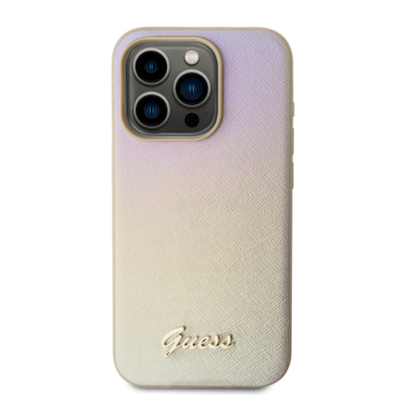 Guess PU Leather Iridescent Metal Script Zadní Kryt pro iPhone 15 Pro Gold, GUHCP15LPSAIRSD