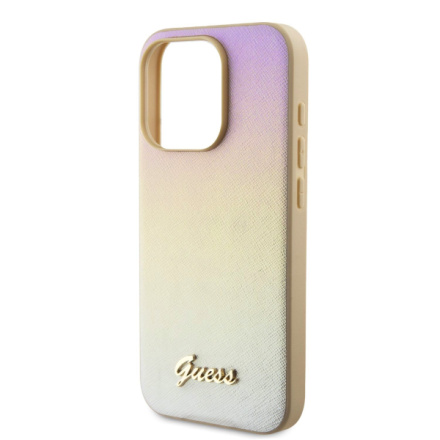 Guess PU Leather Iridescent Metal Script Zadní Kryt pro iPhone 15 Pro Max Gold, GUHCP15XPSAIRSD