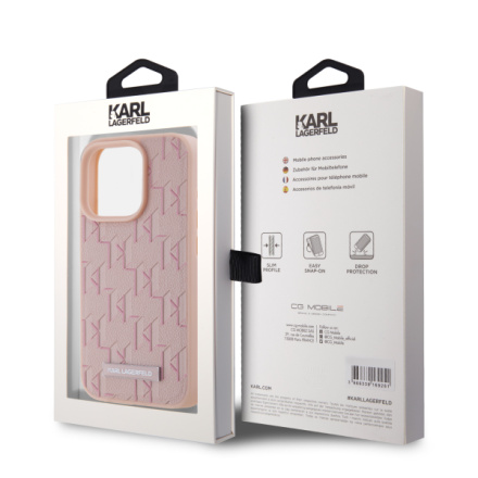 Karl Lagerfeld PU Leather Monogram Metal Logo Magsafe Zadní Kryt pro iPhone 15 Pro Pink, KLHMP15LPKHPORPP