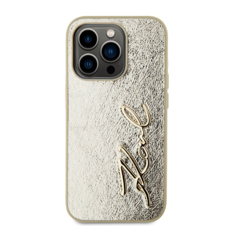 Karl Lagerfeld Wrinkled PU Signature Logo Zadní Kryt pro iPhone 15 Pro Gold, KLHCP15LPFMFBKMD