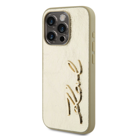 Karl Lagerfeld Wrinkled PU Signature Logo Zadní Kryt pro iPhone 15 Pro Gold, KLHCP15LPFMFBKMD