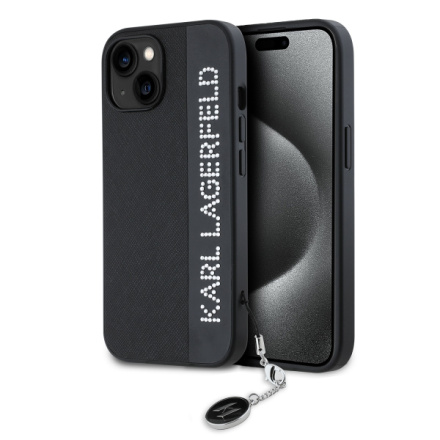 Karl Lagerfeld PU Saffiano Rhinestone Charm Zadní Kryt pro iPhone 14 Black, KLHCP14SPSAKDGCK