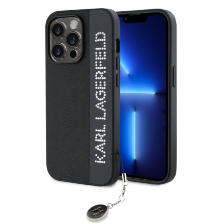 Karl Lagerfeld PU Saffiano Rhinestone Charm Zadní Kryt pro iPhone 14 Pro Black, KLHCP14LPSAKDGCK