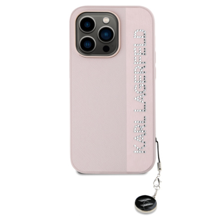 Karl Lagerfeld PU Saffiano Rhinestone Charm Zadní Kryt pro iPhone 14 Pro Pink, KLHCP14LPSAKDGCP