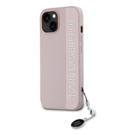 Karl Lagerfeld PU Saffiano Rhinestone Charm Zadní Kryt pro iPhone 15 Pink, KLHCP15SPSAKDGCP