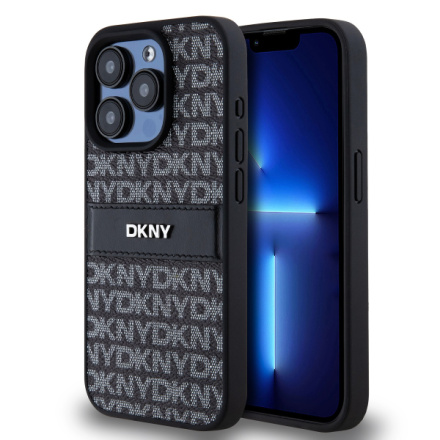 DKNY PU Leather Repeat Pattern Tonal Stripe Zadní Kryt pro iPhone 15 Pro Max Black, DKHCP15XPRTHSLK