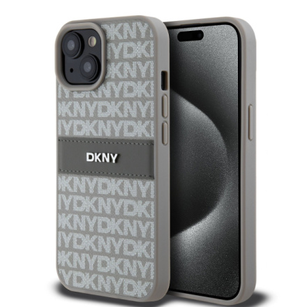 DKNY PU Leather Repeat Pattern Tonal Stripe Zadní Kryt pro iPhone 15 Beige, DKHCP15SPRTHSLE