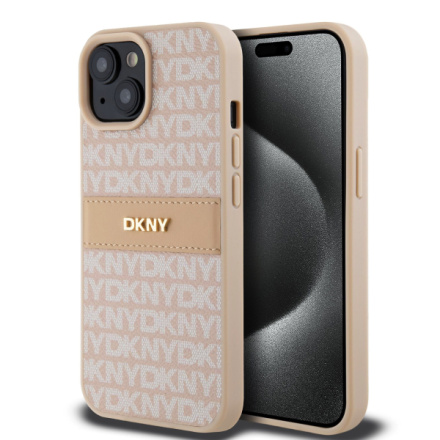 DKNY PU Leather Repeat Pattern Tonal Stripe Zadní Kryt pro iPhone 15 Pink, DKHCP15SPRTHSLP