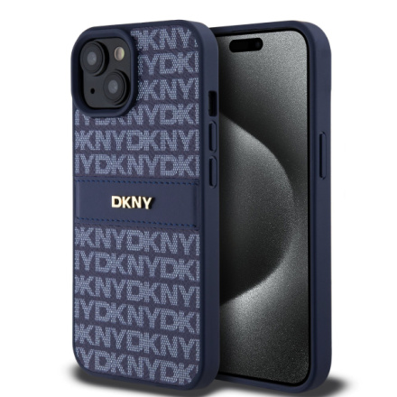 DKNY PU Leather Repeat Pattern Tonal Stripe Zadní Kryt pro iPhone 15 Blue, DKHCP15SPRTHSLB