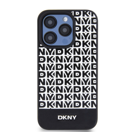 DKNY PU Leather Repeat Pattern Bottom Stripe MagSafe Zadní Kryt pro iPhone 14 Pro Black, DKHMP14LPSOSPK